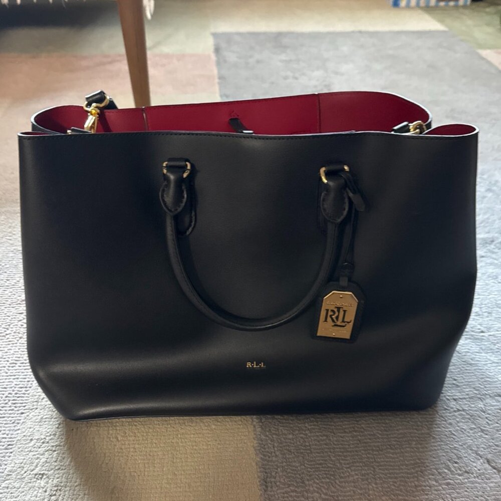 Ralph Lauren Black And Red Marcy Leather Satchel / Tote / Purse